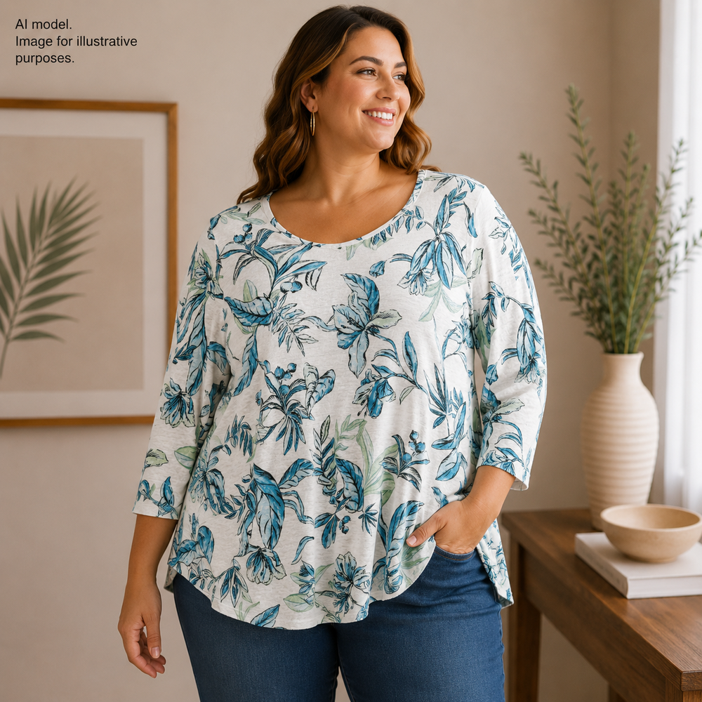 Tahari Shirt Womens 1X White Blue Linen Floral Boat Neck 3/4 Sleeve Top
